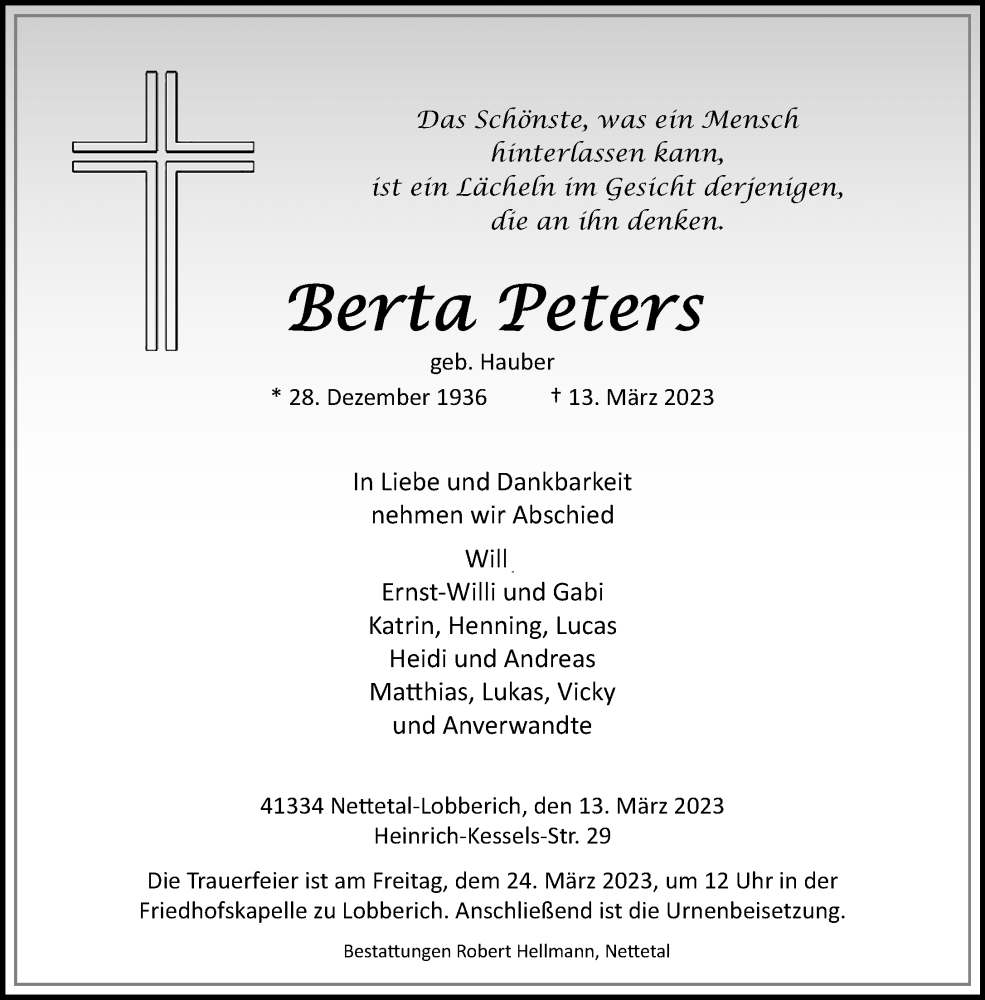  Traueranzeige für Berta Peters vom 19.03.2023 aus trauer.extra-tipp-moenchengladbach.de