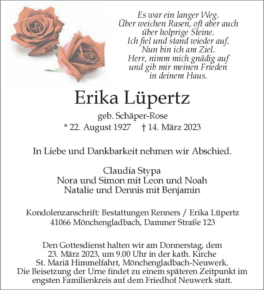  Traueranzeige für Erika Lüpertz vom 19.03.2023 aus trauer.extra-tipp-moenchengladbach.de