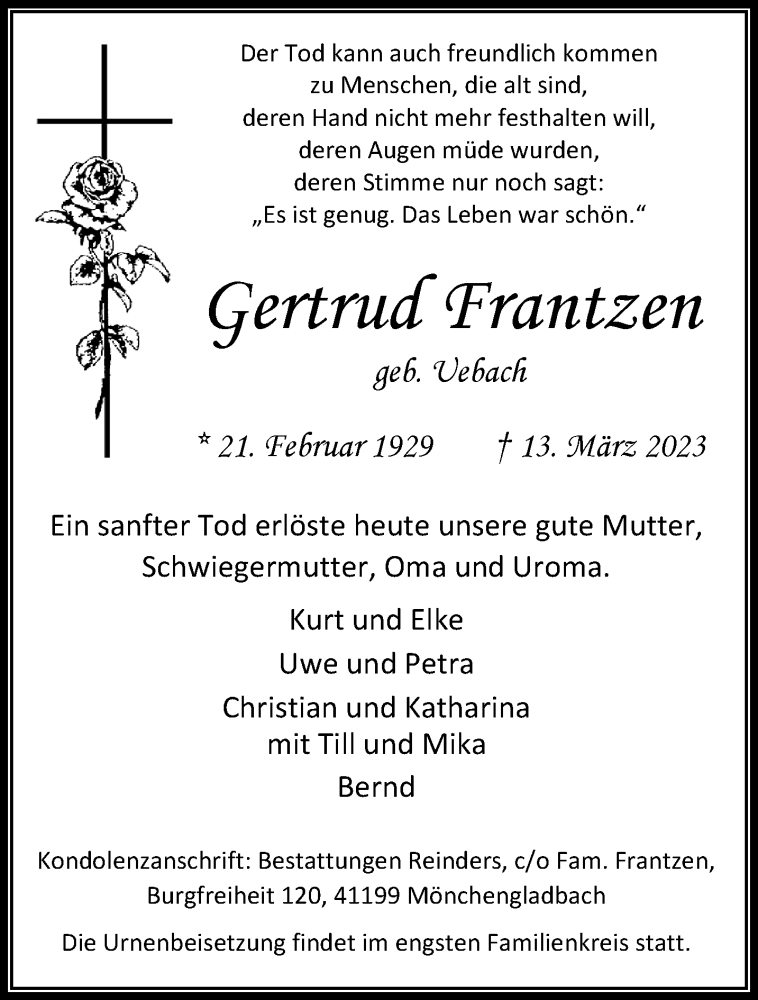  Traueranzeige für Gertrud Frantzen vom 19.03.2023 aus trauer.extra-tipp-moenchengladbach.de