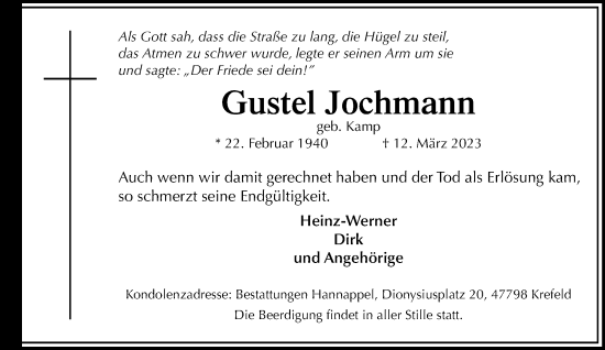 Traueranzeige von Gustel Jochmann von trauer.mein.krefeld.de