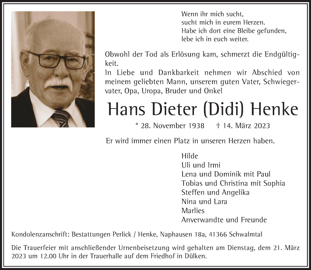  Traueranzeige für Hans Dieter Henke vom 19.03.2023 aus trauer.extra-tipp-moenchengladbach.de