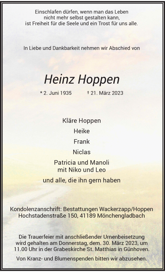 Traueranzeige von Heinz Hoppen von trauer.extra-tipp-moenchengladbach.de