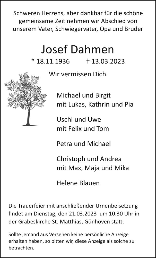  Traueranzeige für Josef Dahmen vom 19.03.2023 aus trauer.extra-tipp-moenchengladbach.de