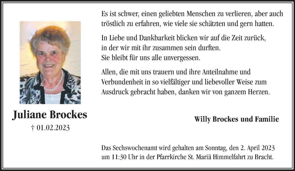  Traueranzeige für Juliane Brockes vom 26.03.2023 aus trauer.extra-tipp-moenchengladbach.de