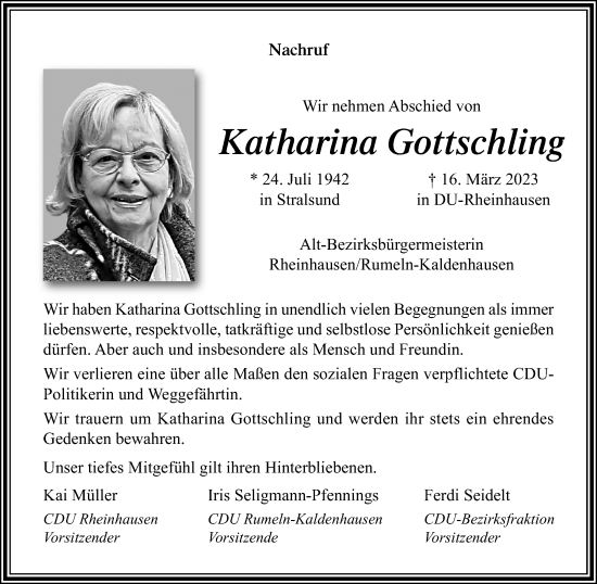 Traueranzeige von Katharina Gottschling von trauer.mein.krefeld.de