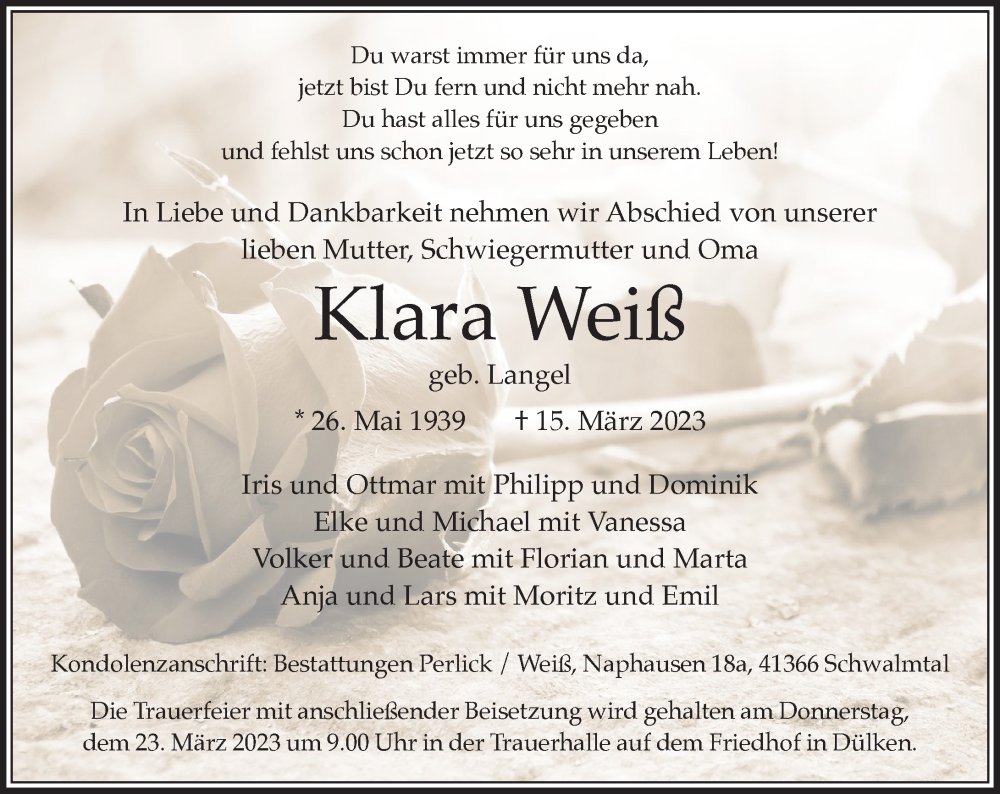  Traueranzeige für Klara Weiß vom 19.03.2023 aus trauer.extra-tipp-moenchengladbach.de