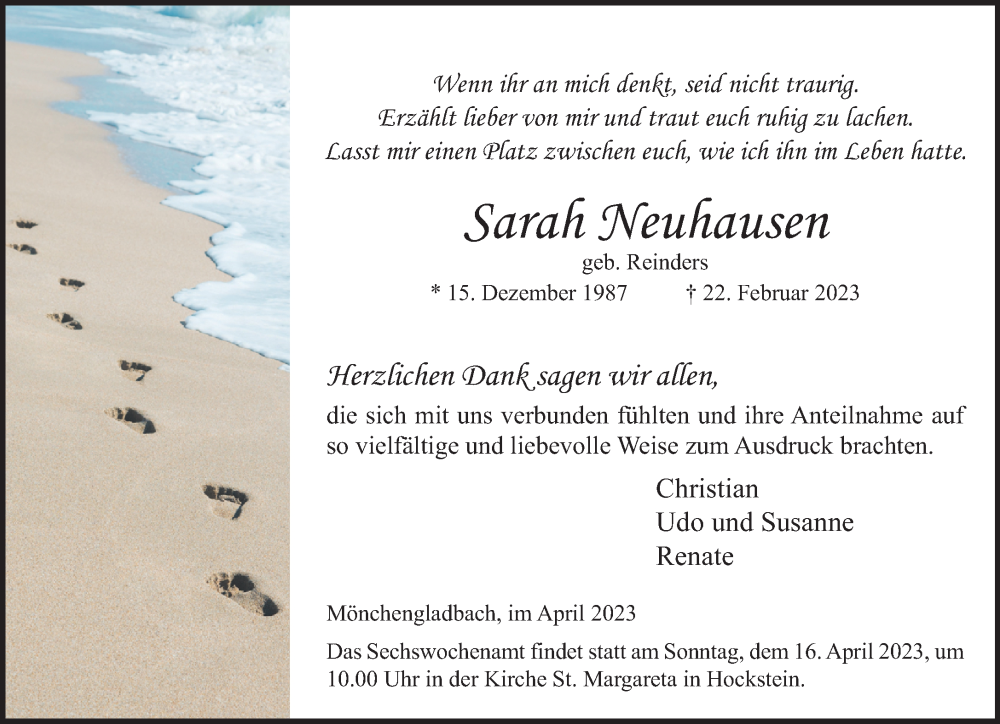  Traueranzeige für Sarah Neuhausen vom 09.04.2023 aus trauer.extra-tipp-moenchengladbach.de