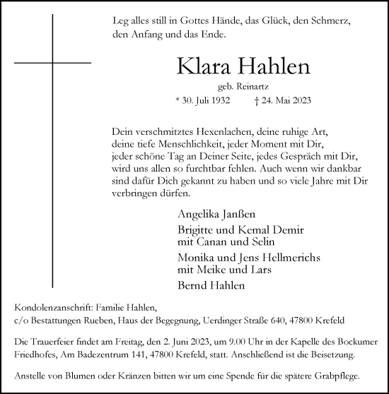 Traueranzeige von Klara Hahlen von trauer.mein.krefeld.de