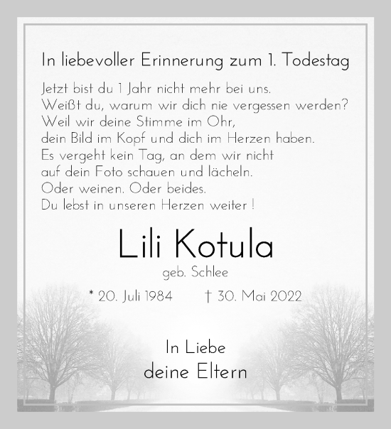 Traueranzeige von Lili Kotula von trauer.mein.krefeld.de