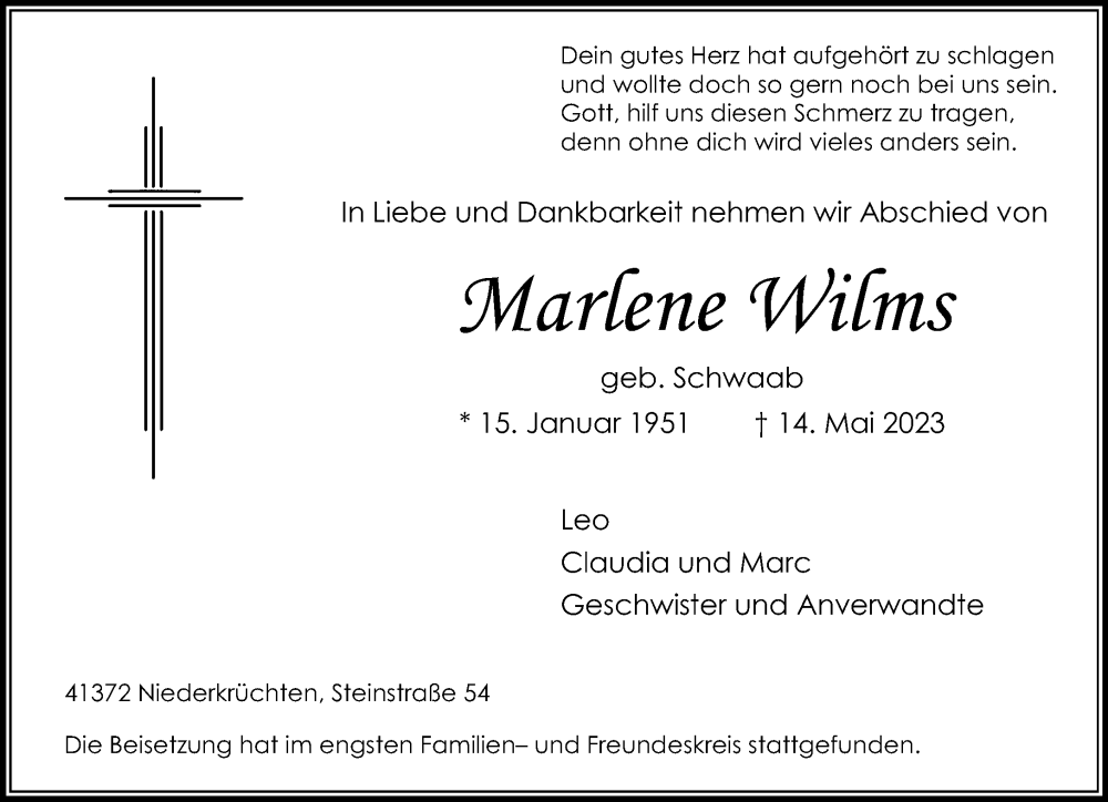  Traueranzeige für Marlene Wilms vom 21.05.2023 aus trauer.extra-tipp-moenchengladbach.de