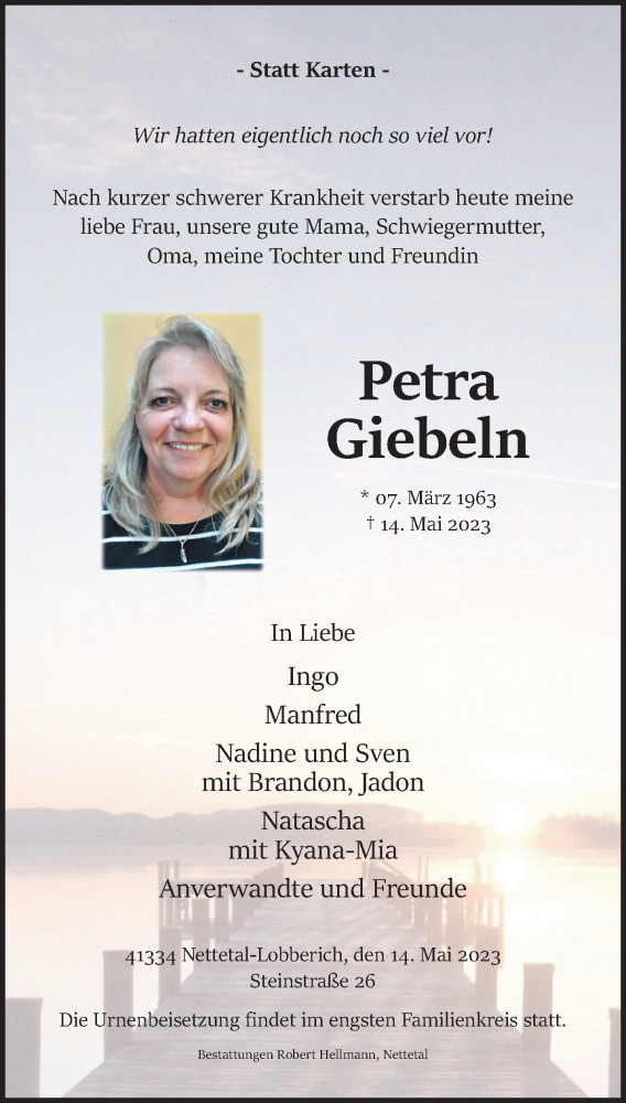  Traueranzeige für Petra Giebeln vom 21.05.2023 aus trauer.extra-tipp-moenchengladbach.de