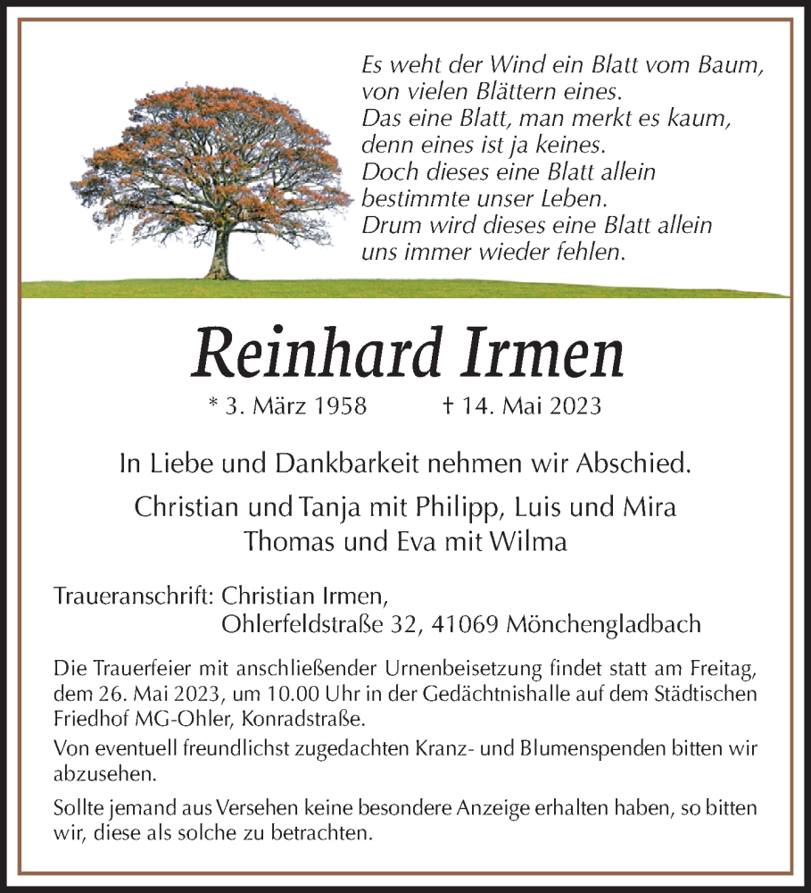  Traueranzeige für Reinhard Irmen vom 21.05.2023 aus trauer.extra-tipp-moenchengladbach.de