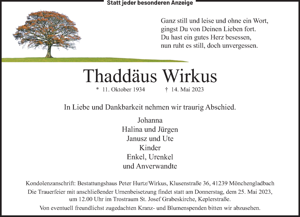  Traueranzeige für Thaddäus Wirkus vom 21.05.2023 aus trauer.extra-tipp-moenchengladbach.de