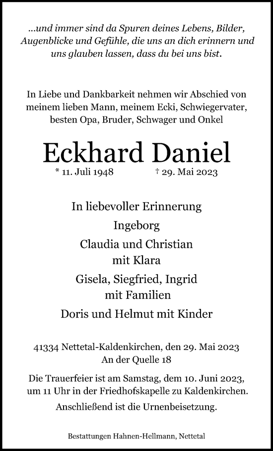 Traueranzeige von Eckhard Daniel von trauer.extra-tipp-moenchengladbach.de