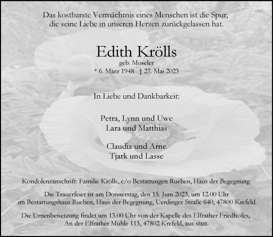 Traueranzeige von Edith Krölls von trauer.mein.krefeld.de
