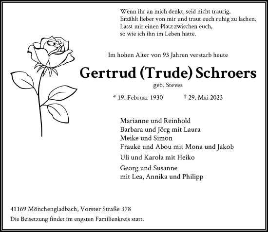 Traueranzeige von Gertrud Schroers von trauer.extra-tipp-moenchengladbach.de