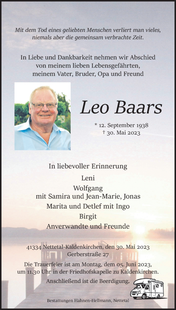  Traueranzeige für Leo Baars vom 04.06.2023 aus trauer.extra-tipp-moenchengladbach.de
