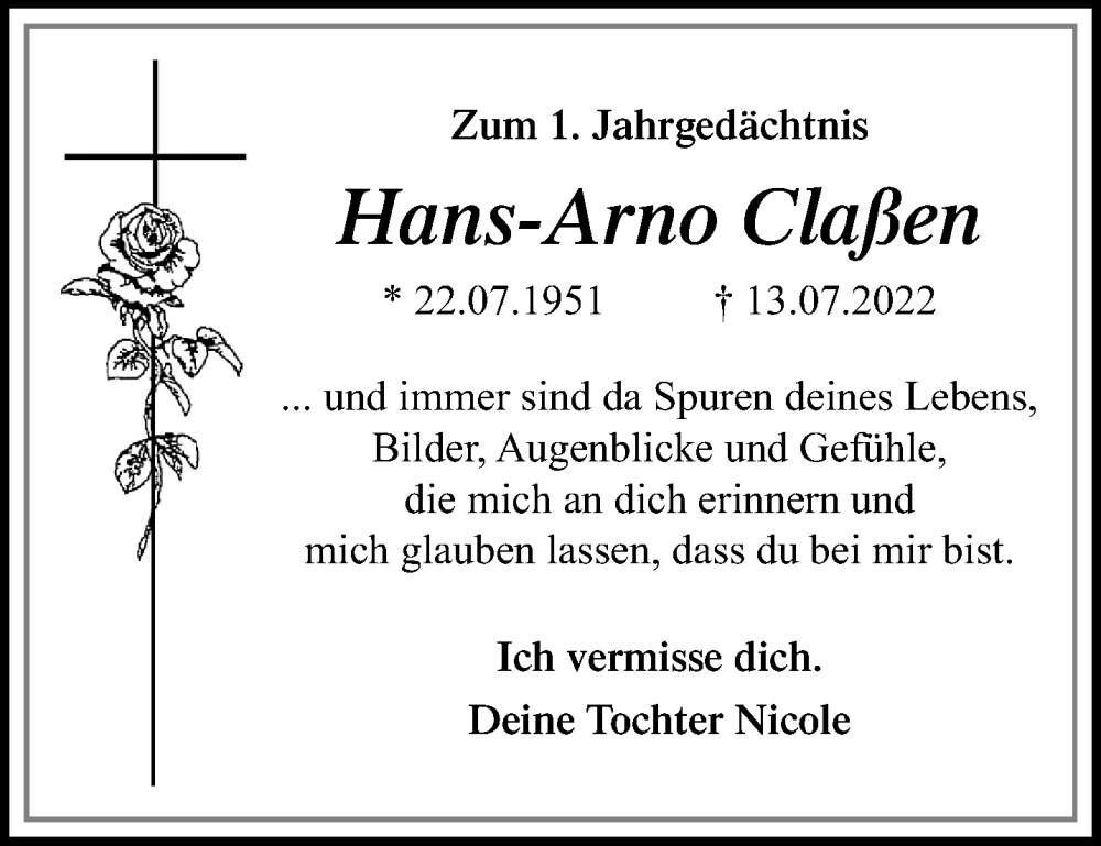  Traueranzeige für Hans-Arno Claßen vom 16.07.2023 aus trauer.extra-tipp-moenchengladbach.de