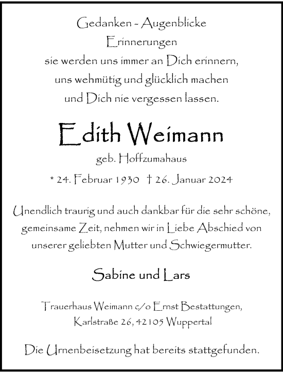 Traueranzeige von Edith Weimann von trauer.wuppertaler-rundschau.de