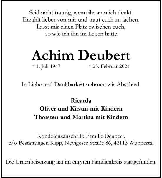 Traueranzeige von Achim Deubert von trauer.wuppertaler-rundschau.de