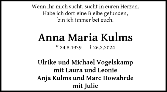 Traueranzeige von Anna Maria Kulms von trauer.wuppertaler-rundschau.de