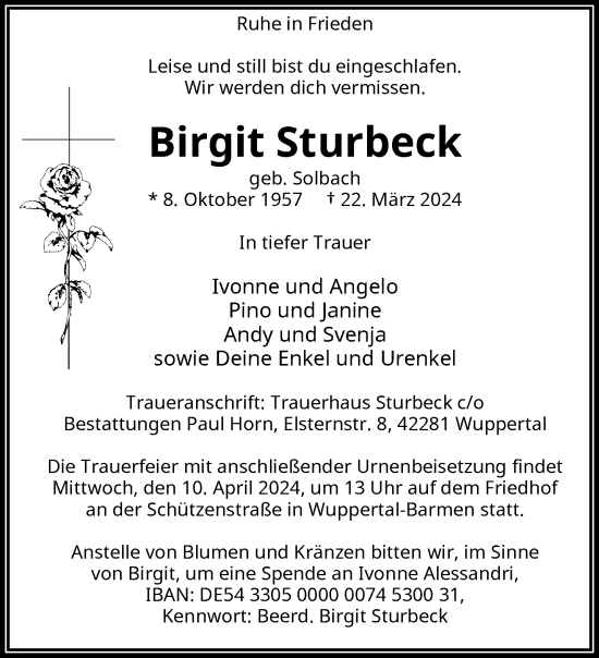 Traueranzeige von Birgit Sturbeck von trauer.wuppertaler-rundschau.de