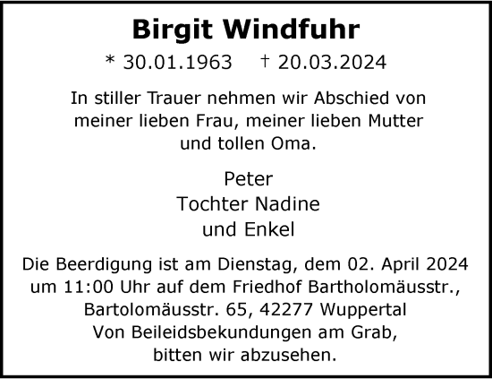 Traueranzeige von Birgit Windfuhr von trauer.wuppertaler-rundschau.de