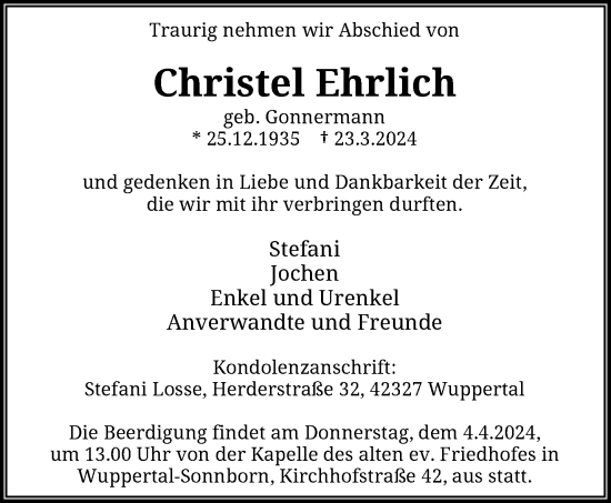 Traueranzeige von Christel Ehrlich von trauer.wuppertaler-rundschau.de