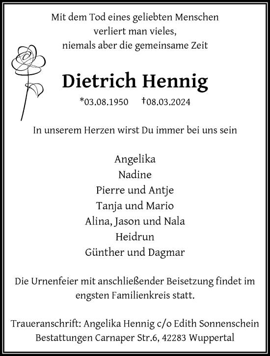 Traueranzeige von Dietrich Hennig von trauer.wuppertaler-rundschau.de