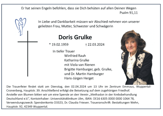Traueranzeige von Doris Grulke von trauer.wuppertaler-rundschau.de