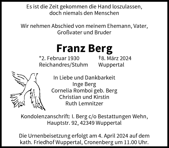 Traueranzeige von Franz Berg von trauer.wuppertaler-rundschau.de