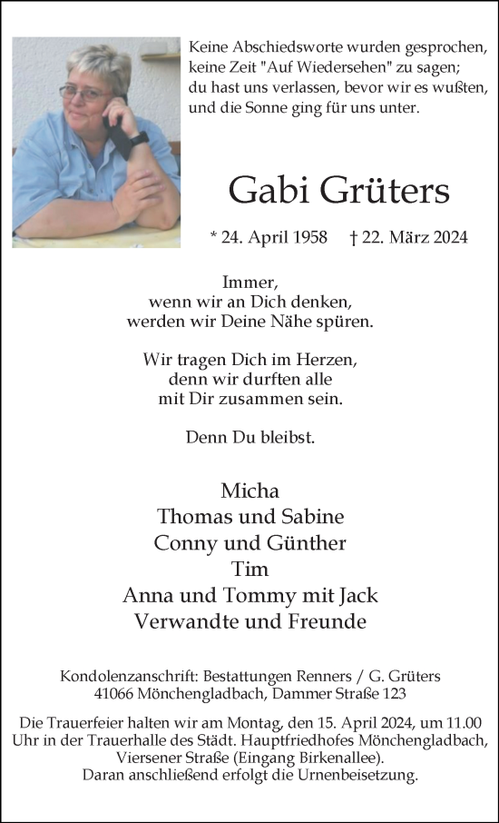 Traueranzeige von Gabi Grüters von trauer.extra-tipp-moenchengladbach.de