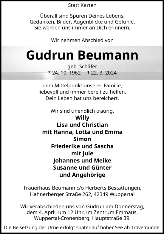 Traueranzeige von Gudrun Beumann von trauer.wuppertaler-rundschau.de