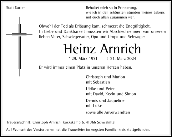 Traueranzeige von Heinz Arnrich von trauer.extra-tipp-moenchengladbach.de