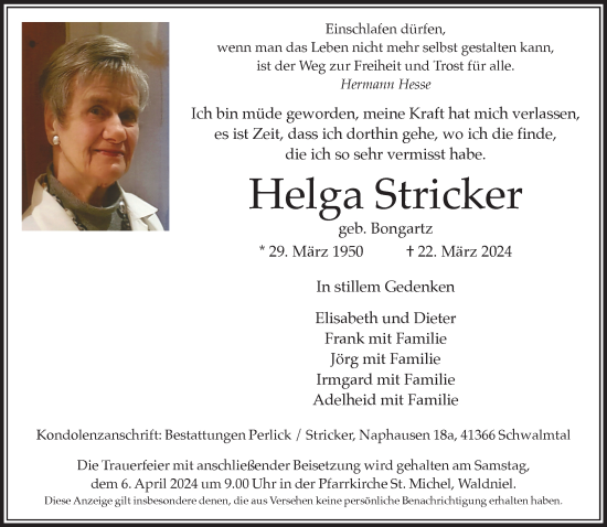 Traueranzeige von Helga Stricker von trauer.extra-tipp-moenchengladbach.de