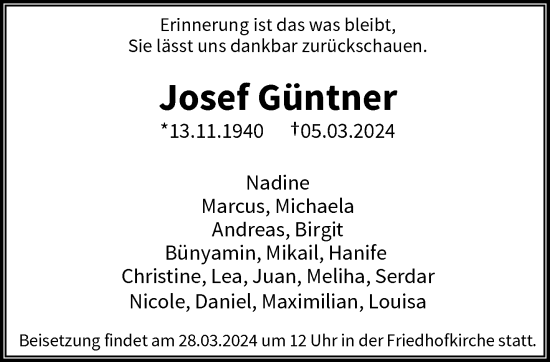 Traueranzeige von Josef Güntner von trauer.wuppertaler-rundschau.de