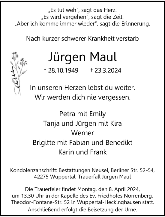 Traueranzeige von Jürgen Maul von trauer.wuppertaler-rundschau.de