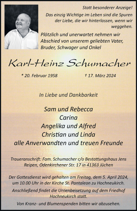 Traueranzeige von Karl-Heinz Schumacher von trauer.stadt-kurier.de