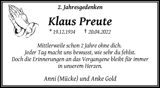 Traueranzeige von Klaus Preute von trauer.wuppertaler-rundschau.de