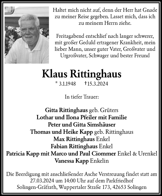 Traueranzeige von Klaus Rittinghaus von trauer.wuppertaler-rundschau.de