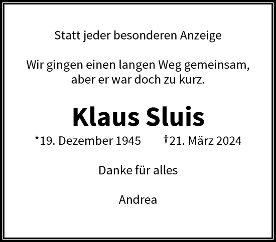 Traueranzeige von Klaus Sluis von trauer.wuppertaler-rundschau.de