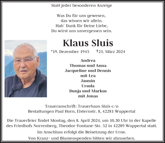 Traueranzeige von Klaus Sluis von trauer.wuppertaler-rundschau.de