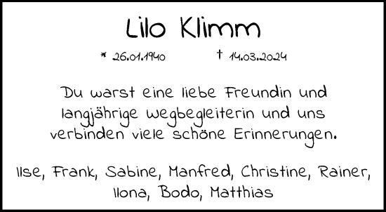 Traueranzeige von Lilo Klimm von trauer.duesseldorfer-anzeiger.de