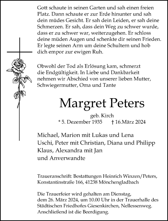Traueranzeige von Margret Peters von trauer.extra-tipp-moenchengladbach.de
