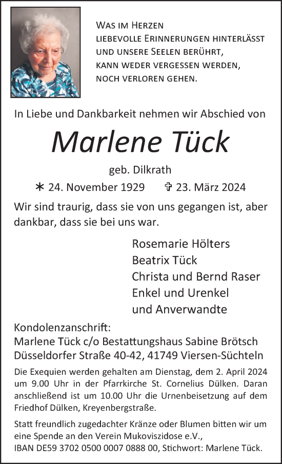 Traueranzeige von Marlene Tück von trauer.extra-tipp-moenchengladbach.de