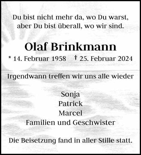Traueranzeige von Olaf Brinkmann von trauer.wuppertaler-rundschau.de