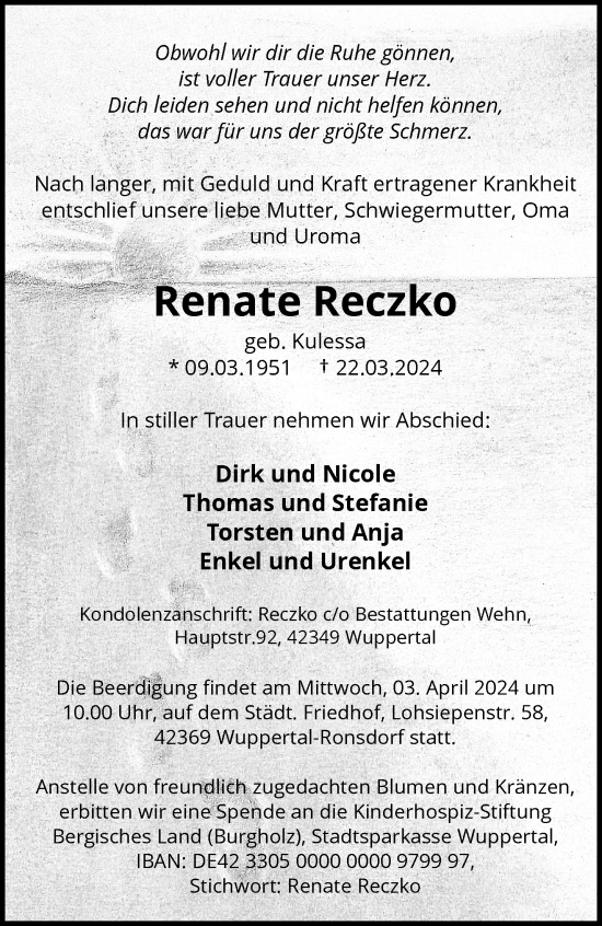 Traueranzeige von Renate Reczko von trauer.wuppertaler-rundschau.de