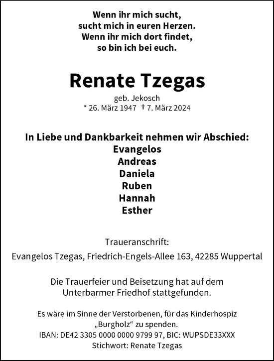 Traueranzeige von Renate Tzegas von trauer.wuppertaler-rundschau.de