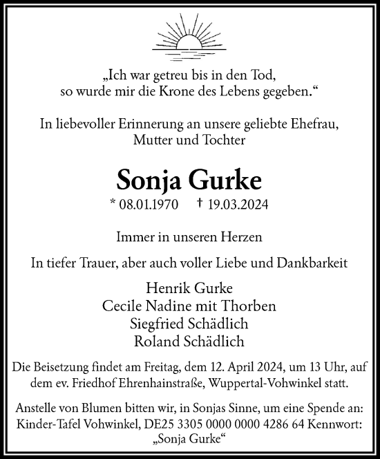 Traueranzeige von Sonja Gurke von trauer.wuppertaler-rundschau.de