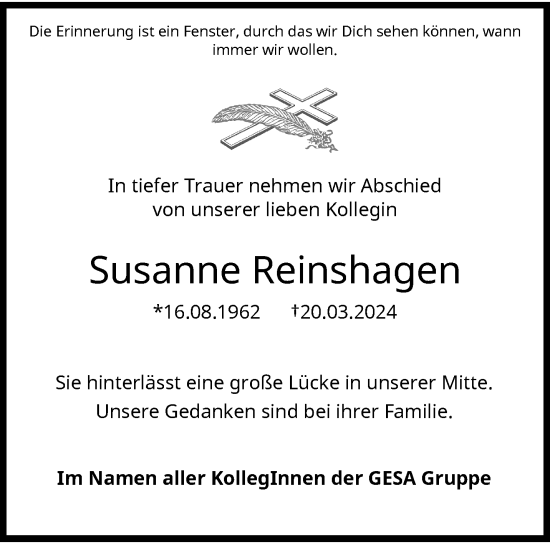 Traueranzeige von Susanne Reinshagen von trauer.wuppertaler-rundschau.de